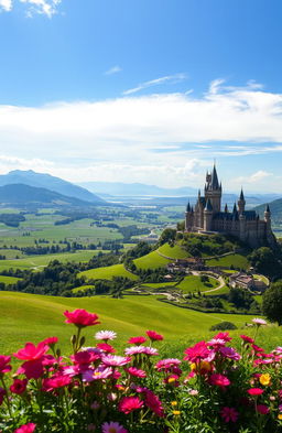 A majestic and sprawling kingdom featuring vast green grasslands under a bright blue sky