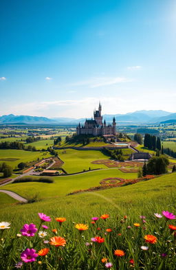 A majestic and sprawling kingdom featuring vast green grasslands under a bright blue sky
