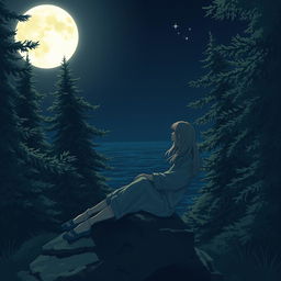 A melancholic teenager sitting on a rock in a serene moonlit forest, the full moon illuminating the night sky, reflecting on a peaceful ocean in the background