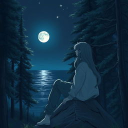 A melancholic teenager sitting on a rock in a serene moonlit forest, the full moon illuminating the night sky, reflecting on a peaceful ocean in the background