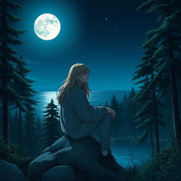A melancholic teenager sitting on a rock in a serene moonlit forest, the full moon illuminating the night sky, reflecting on a peaceful ocean in the background