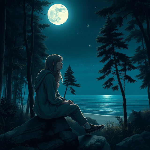 A melancholic teenager sitting on a rock in a serene moonlit forest, the full moon illuminating the night sky, reflecting on a peaceful ocean in the background