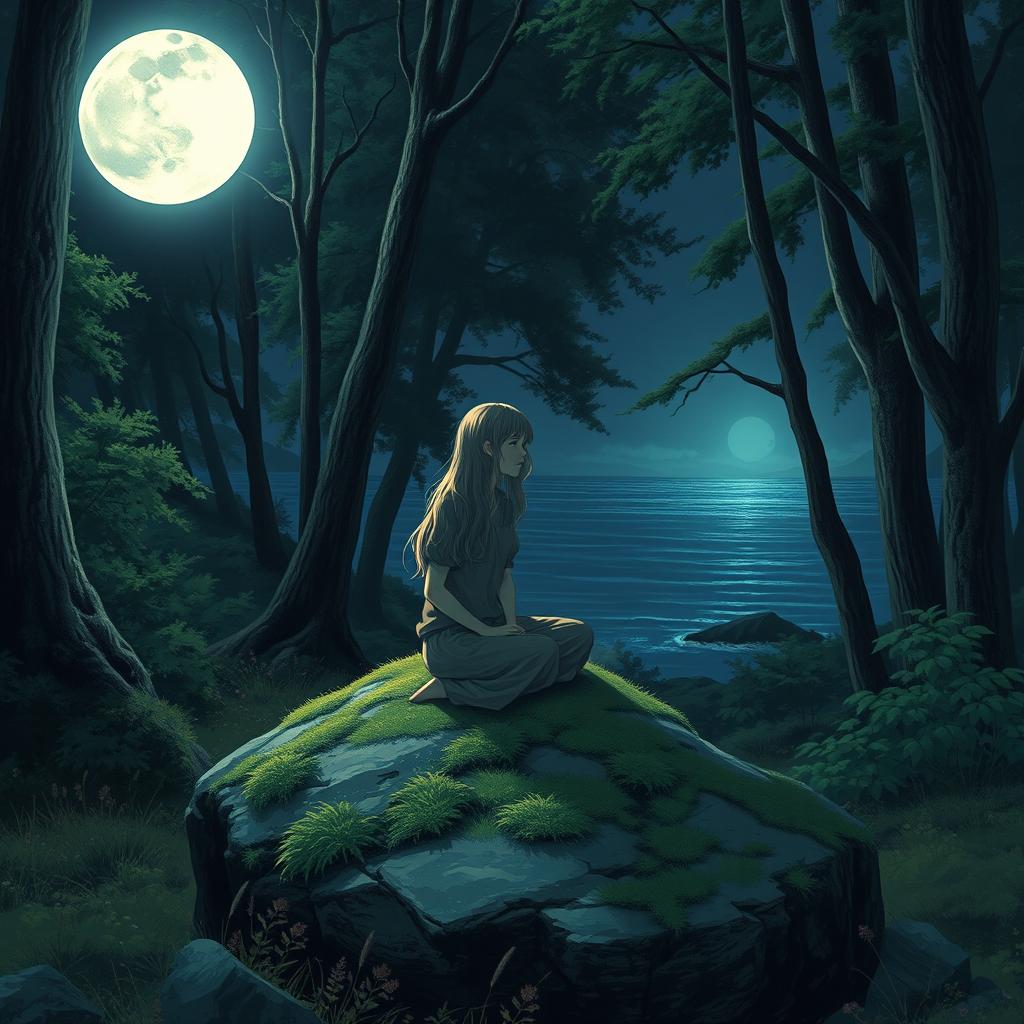 A somber teenage girl sitting alone on a moss-covered rock in a mystical forest at night, under a bright full moon