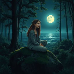 A somber teenage girl sitting alone on a moss-covered rock in a mystical forest at night, under a bright full moon