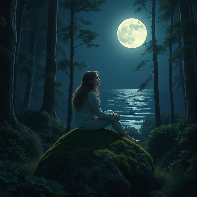 A somber teenage girl sitting alone on a moss-covered rock in a mystical forest at night, under a bright full moon