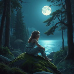 A somber teenage girl sitting alone on a moss-covered rock in a mystical forest at night, under a bright full moon