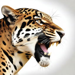 A roaring jaguar in profile, displaying its sharp fangs against a pure white background.