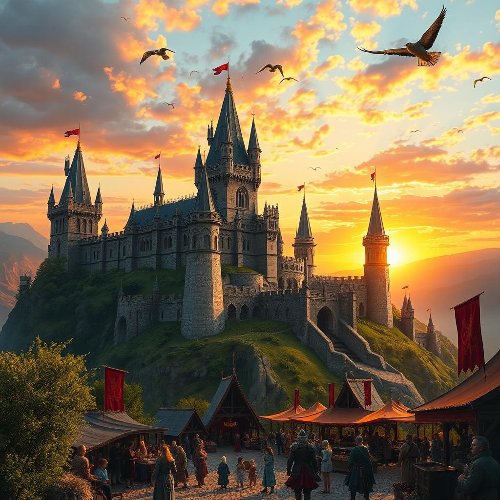 A majestic kingdom perched on a hilltop, featuring grand castles with towering spires, lush green landscapes surrounding it, and fluttering banners in the breeze