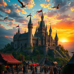 A majestic kingdom perched on a hilltop, featuring grand castles with towering spires, lush green landscapes surrounding it, and fluttering banners in the breeze