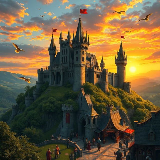 A majestic kingdom perched on a hilltop, featuring grand castles with towering spires, lush green landscapes surrounding it, and fluttering banners in the breeze