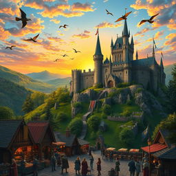 A majestic kingdom perched on a hilltop, featuring grand castles with towering spires, lush green landscapes surrounding it, and fluttering banners in the breeze
