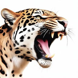 A roaring jaguar in profile, displaying its sharp fangs against a pure white background.