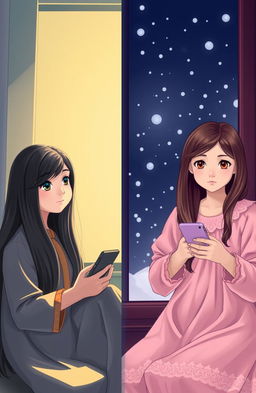 In a split scene, on one side, a girl with long silky straight hair, a round beautiful face, and big expressive eyes is sitting by a sunny daytime window