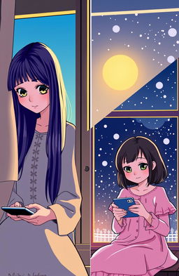 In a split scene, on one side, a girl with long silky straight hair, a round beautiful face, and big expressive eyes is sitting by a sunny daytime window