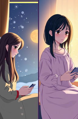 In a split scene, on one side, a girl with long silky straight hair, a round beautiful face, and big expressive eyes is sitting by a sunny daytime window