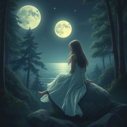 A sorrowful teenage girl sitting gracefully on a large rock in a mystical forest, enveloped in the soft, silvery light of a full moon