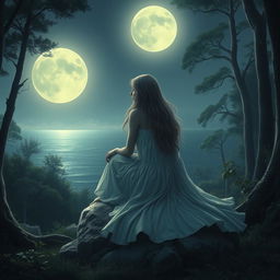 A sorrowful teenage girl sitting gracefully on a large rock in a mystical forest, enveloped in the soft, silvery light of a full moon