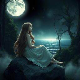 A sorrowful teenage girl sitting gracefully on a large rock in a mystical forest, enveloped in the soft, silvery light of a full moon