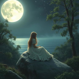 A sorrowful teenage girl sitting gracefully on a large rock in a mystical forest, enveloped in the soft, silvery light of a full moon