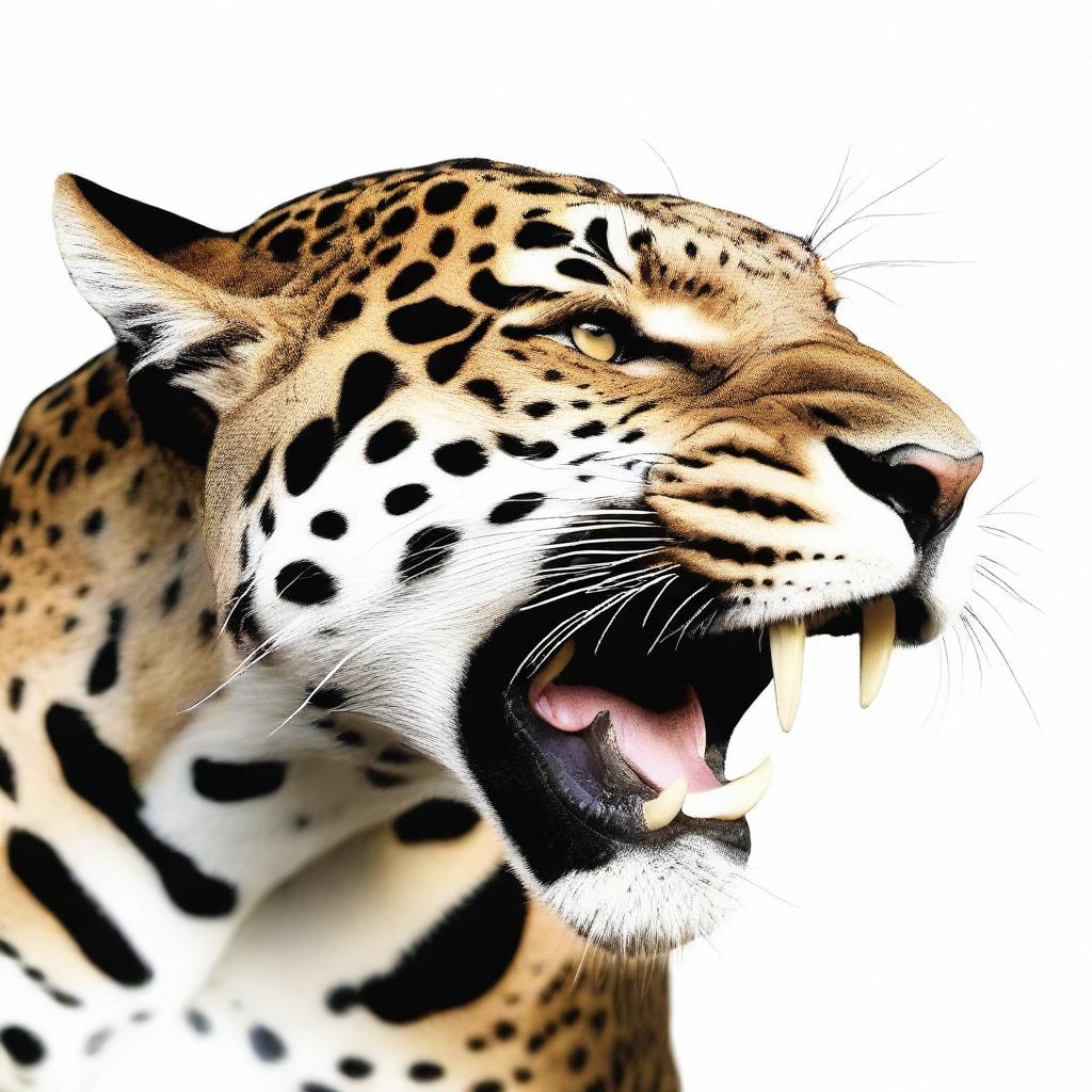 Profile view of a roaring jaguar, prominently displaying its fangs, against a white background.