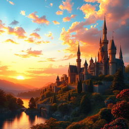 A majestic kingdom at sunset, featuring grand castles with intricate turrets and sprawling gardens, bathed in the warm golden hues of the setting sun