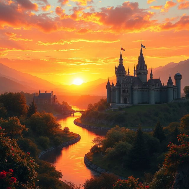 A majestic kingdom at sunset, featuring grand castles with intricate turrets and sprawling gardens, bathed in the warm golden hues of the setting sun