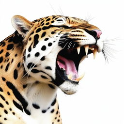 Profile view of a roaring jaguar, prominently displaying its fangs, against a white background.