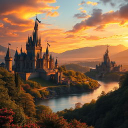 A majestic kingdom at sunset, featuring grand castles with intricate turrets and sprawling gardens, bathed in the warm golden hues of the setting sun
