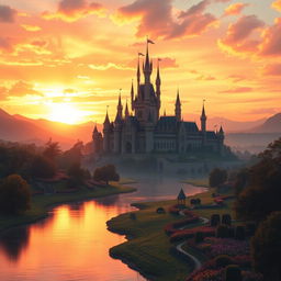 A majestic kingdom at sunset, featuring grand castles with intricate turrets and sprawling gardens, bathed in the warm golden hues of the setting sun