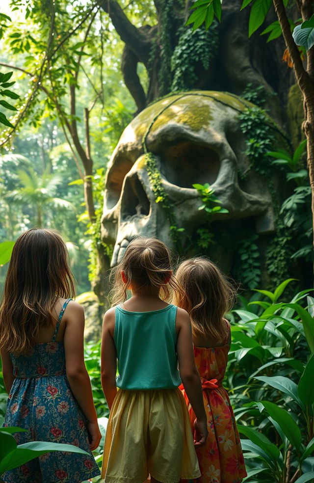 Three young girls, viewed from behind, standing in a lush jungle, gazing in awe at a massive stone skull partially covered in vines and moss