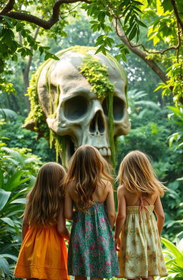 Three young girls, viewed from behind, standing in a lush jungle, gazing in awe at a massive stone skull partially covered in vines and moss