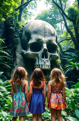 Three young girls, viewed from behind, standing in a lush jungle, gazing in awe at a massive stone skull partially covered in vines and moss