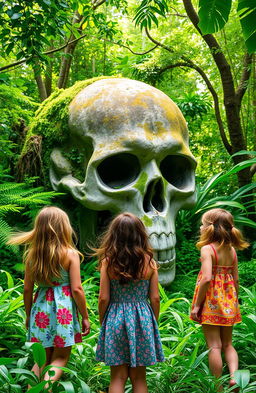 Three young girls, viewed from behind, standing in a lush jungle, gazing in awe at a massive stone skull partially covered in vines and moss