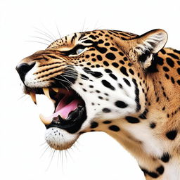 Profile view of a roaring jaguar, prominently displaying its fangs, against a white background.