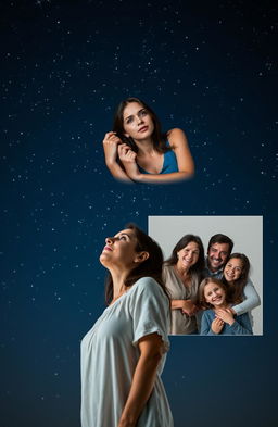 A woman standing in a serene pose, staring up at a starry night sky, her expression contemplative and hopeful