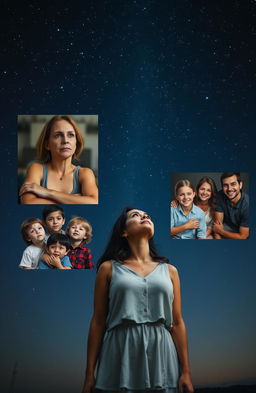 A woman standing in a serene pose, staring up at a starry night sky, her expression contemplative and hopeful