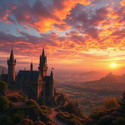 A magnificent view of a sprawling kingdom at sunset, showcasing towering castles and lush greenery