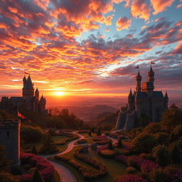 A magnificent view of a sprawling kingdom at sunset, showcasing towering castles and lush greenery