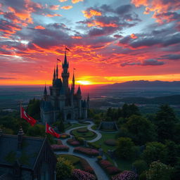 A magnificent view of a sprawling kingdom at sunset, showcasing towering castles and lush greenery