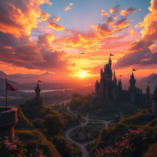 A magnificent view of a sprawling kingdom at sunset, showcasing towering castles and lush greenery