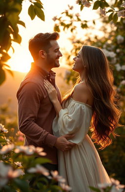 A romantic scene featuring a couple in a beautiful, soft-lit setting, surrounded by blooming flowers and gentle sunlight filtering through green leaves