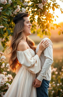 A romantic scene featuring a couple in a beautiful, soft-lit setting, surrounded by blooming flowers and gentle sunlight filtering through green leaves