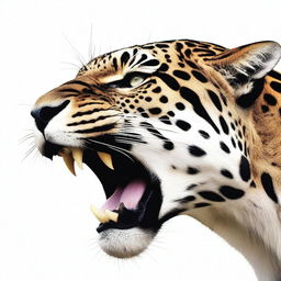 Profile view of a roaring jaguar, prominently displaying its fangs, against a white background.