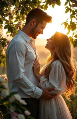 A romantic scene featuring a couple in a beautiful, soft-lit setting, surrounded by blooming flowers and gentle sunlight filtering through green leaves