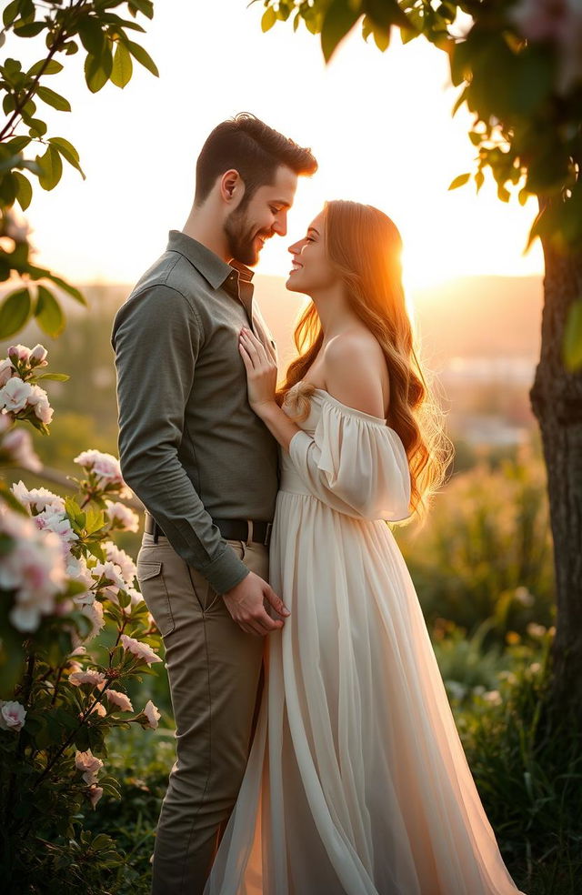 A romantic scene featuring a couple in a beautiful, soft-lit setting, surrounded by blooming flowers and gentle sunlight filtering through green leaves