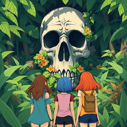 An illustration of three teenage girls viewed from behind, standing in a dense, tropical jungle, captivated by a giant stone skull that looms majestically before them
