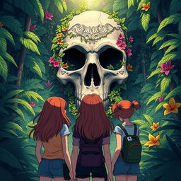 An illustration of three teenage girls viewed from behind, standing in a dense, tropical jungle, captivated by a giant stone skull that looms majestically before them