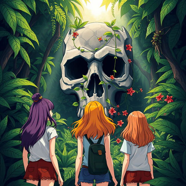 An illustration of three teenage girls viewed from behind, standing in a dense, tropical jungle, captivated by a giant stone skull that looms majestically before them