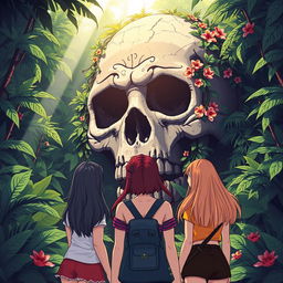 An illustration of three teenage girls viewed from behind, standing in a dense, tropical jungle, captivated by a giant stone skull that looms majestically before them