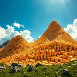 A majestic mountain made entirely of shiny gold coins, stacked high and glistening in the sunlight